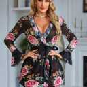 Avidlove Mesh Lingerie Robe Sets Long Sleeve Kimono Nighty With Thong | Sexy, Long Sleeve, Soft, Sheer Mesh, Robe with Thong, Ruffle Bell Sleeves (Black, M)