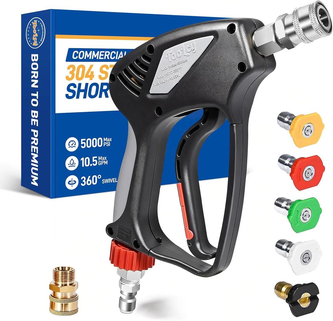 TOOLCY Pro Short Pressure Washer Gun 5000 PSI with Swivel, 304 Stainless Steel 3/8" Quick Connect Inlet, High Pressure Washer Gun with 1/4" Quick Connect, Includes 3/8" QC to M22-14mm Adapter