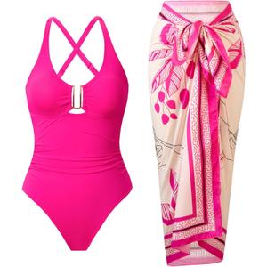 One Piece Swimsuit Women with Cover Up Set Retro Bathing Suit for Women Tummy Control Beach Wrap Skirt (Small, Pink 02)