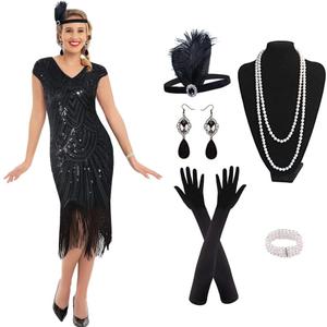 1920s Vintage Flapper Dresses Sequin Beaded Fringed Cocktail Dress with 20s Accessories Set (Small) 1920s Vintage Flapper Dresses Sequin Beaded Fringed Cocktail Dress with 20s Accessories Set (Small)
