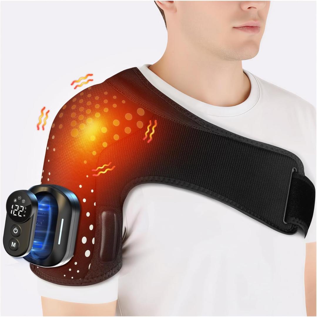 Shoulder Heating Pad with Massager, Shoulders Massager with Heat, Portable Shoulder Brace with Magnetic Detachable Remote Control, 5 Heat & 5 Vibration Modes, Adjustable Size for Men and Women