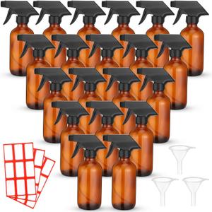 Norme 24 Pcs Glass Spray Bottles with Funnels and Labels 8 oz Refillable Cosmetic Empty Spray Containers with Trigger Squirt Containers for Essential Oil Cleaning Solutions(Brown)
