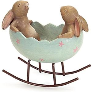KiaoTime Laughing Bunny Rabbits Rocking in an Easter Egg Cradle Spring Easter Decoration Vintage Rustic Country Bunnies Rabbit Figurine Statue (Bunnies in a Cradle)