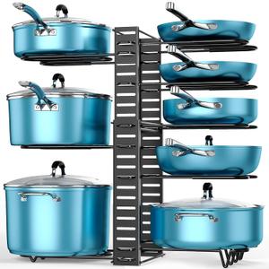 ORDORA Pots and Pans Organizer for Cabinet Expandable Height 11.65'' to 19", 8 Tier Pot Organizers Rack with 3 DIY Methods, Adjustable Pan Organizer under Cabinet Kitchen Organization and Storage
