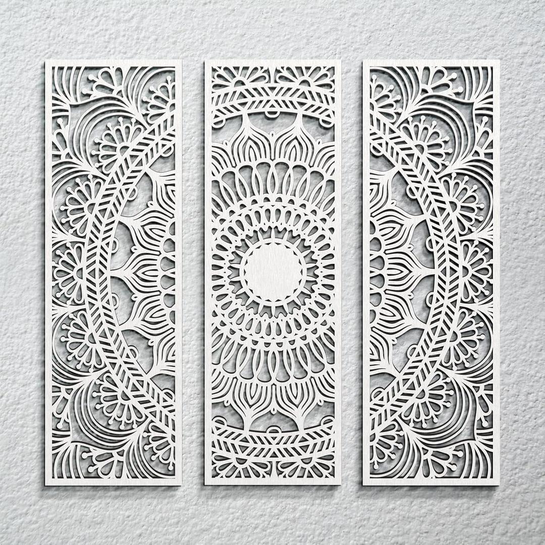 Blulu 3pcs Mandala Wall Art Carved Wood Wall Art Floral Aesthetic Wooden Plaque Set Wood Carving Decor Farmhouse Modern Cutout Plaque for Home Bathroom Decoration(15.8 x 5.1 Inch,White)