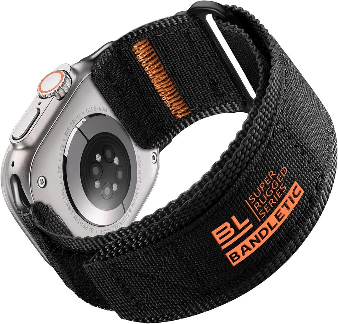 Rugged Nylon Bands Compatible with Apple Watch Ultra 2 Band 49mm for Men, Tactical Military Adjustable Soft Woven Loop Strap Also for iWatch Series 10 46mm, 9 8 7 45mm, SE 6 5 4 44mm, Black, Large 49mm