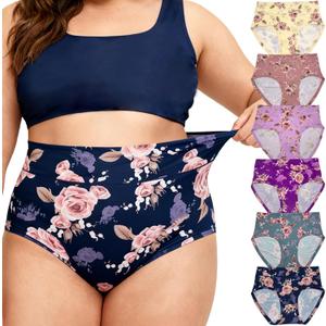 Womens Underwear Ladies Panties Mid High Waist Briefs for Woman Floral Print Pantys 6-Pack (XXL)