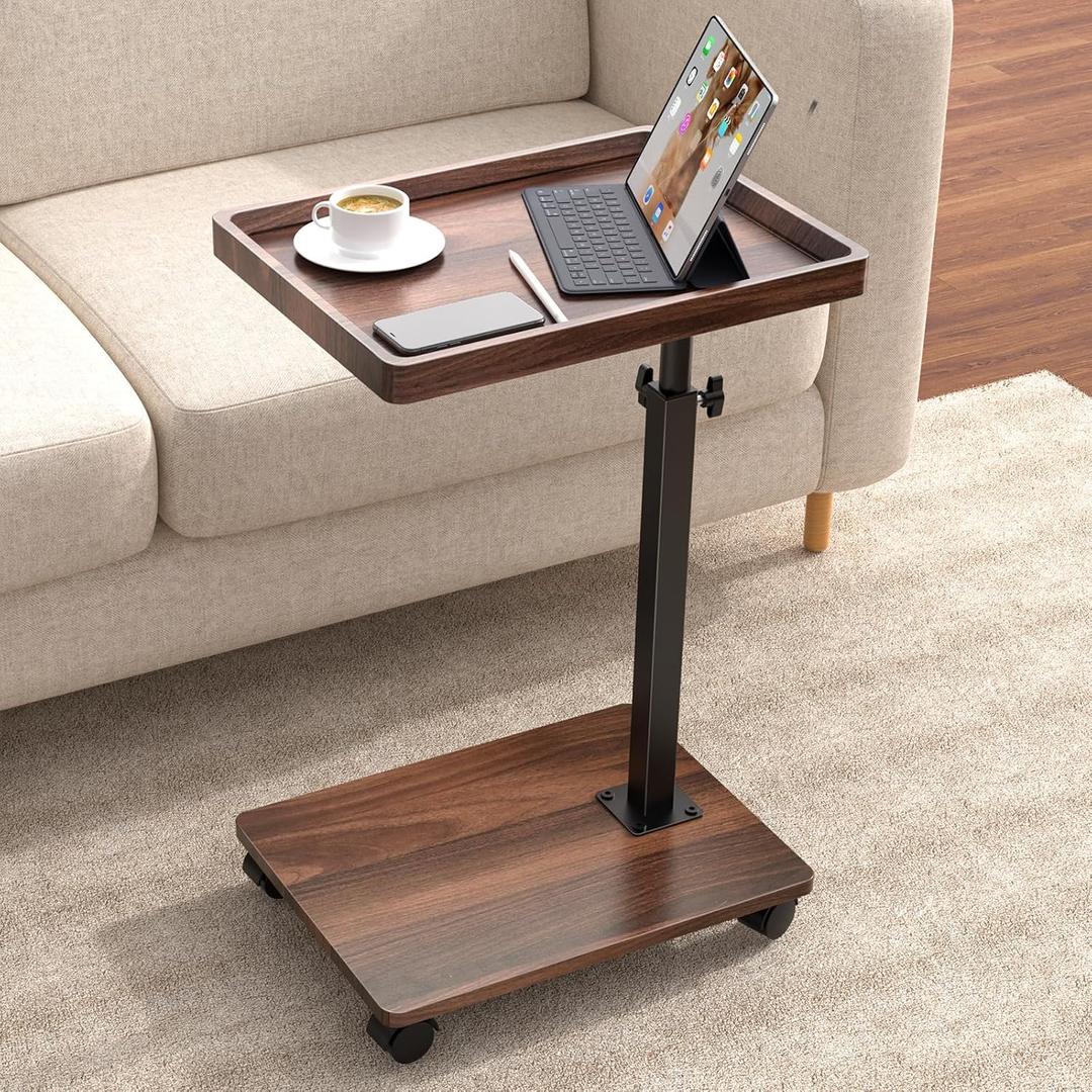 C Table End Table Adjustable Height, 360Swivel TV Tray Table for Small Spaces, Couch Tables That slide under, C Shaped Side Tables living room and bedroom for Sofa, Bed,Chair, Snack (1, Walnut Brown)