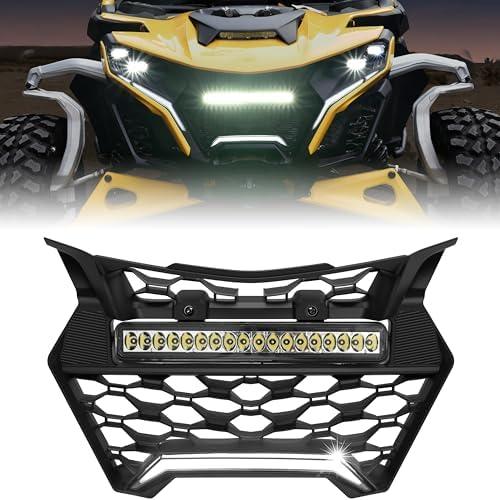 SAUTVS Front Grille with LED Light Bars for Can-Am Maverick R & R MAX X RS 2024+ Models, IP67 Waterproof Mesh Grill with High-Brightness Dual Lights