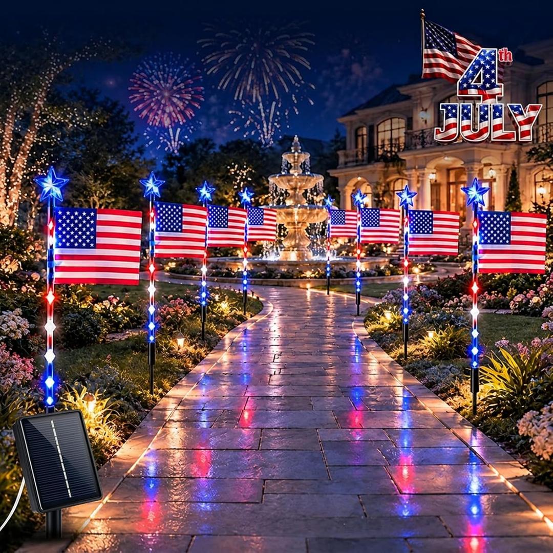8 Solar American Flag Pathway Lights Waterproof American Flag Pole Light Solar Powered 4th of July Yard Led Decorations Outdoor Red White and Blue Lighted Rag Decorations for Outside