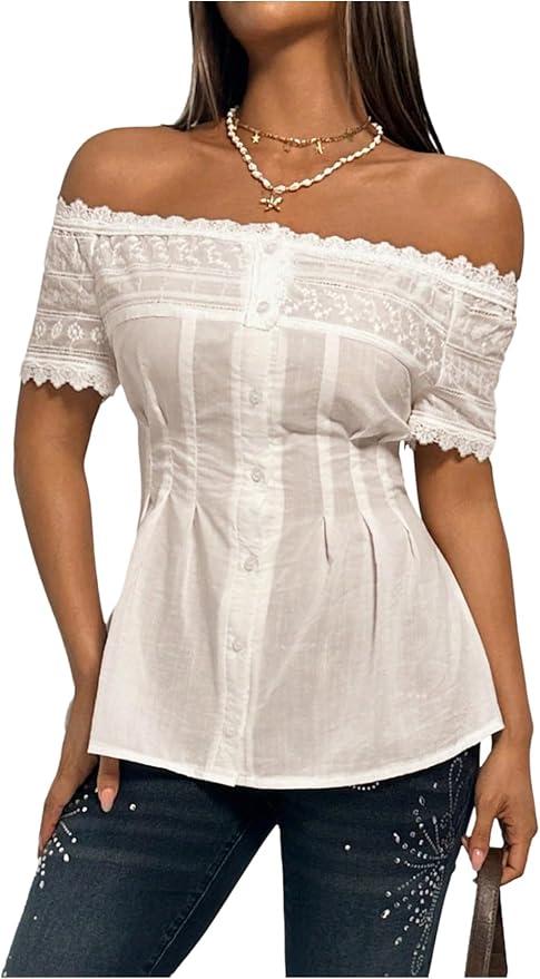 Milumia Women's Off Shoulder Button Down Shirt Elegant Lace Trim Short Sleeve Ruffle Blouses, XS