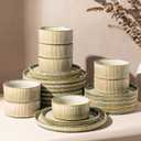 GBHOME 24-Piece Stoneware Dinnerware Set for 8 Ribbed Ceramic Plates and Bowls, Scratch-Resistant, Microwave & Dishwasher Safe, Reactive Glaze, Desert Sage