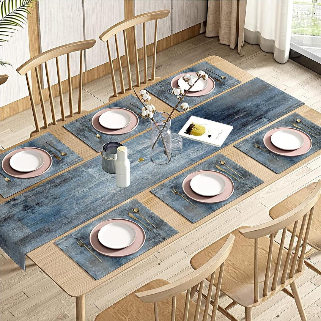 Emvency Vintage Blue Grey Table Runner and Placemats Set of 6, Modern Abstract Painting Art Dining Decor for Daily Use (1 Table Runner 72 inches Long and 6 Placemats)