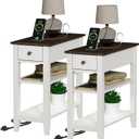 ChooChoo Farmhouse End Table Living Room Set of 2, Sofa Side Table Living Room with Charging Station, Narrow Night Stand with USB Ports & Power Outlets and Hidden Drawer