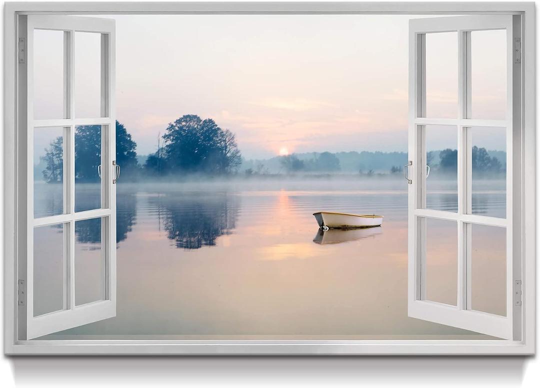 artopia Lake House Canvas Wall Art - Mountain Lake Picture with Sunrise & Sunset - for Bedroom and Office - 36x24 Inches