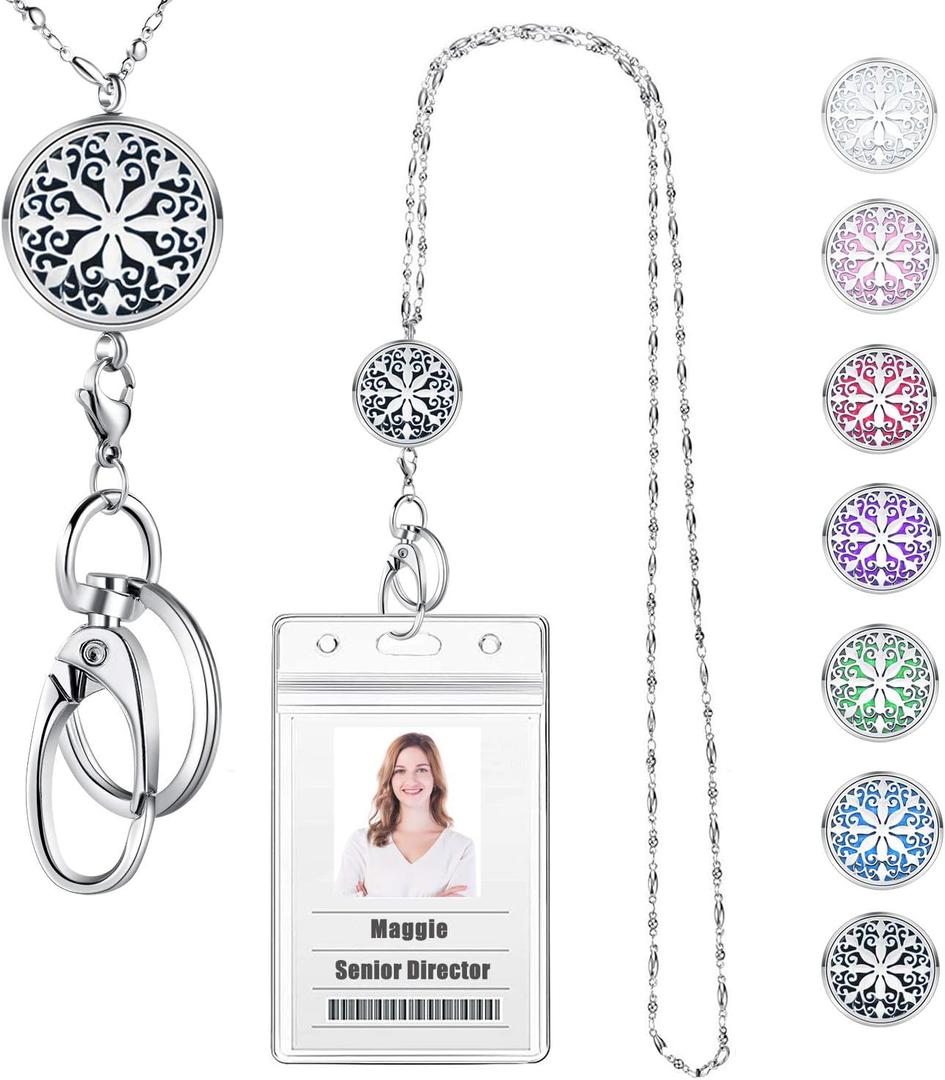 Lanyards for ID Badges Keys Women Cute Teacher Lanyard ID Holder Necklace Silver Chain Fashion Strong Keychain Diffuser Office School Work Jewelry Nurse Teacher Appreciation Gifts Mandala, One Size