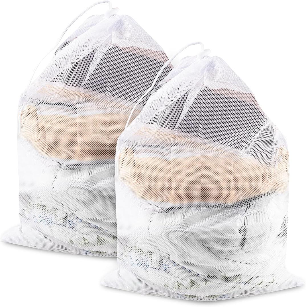 2 Pack Large Mesh Laundry Bags, 24" x 36" Heavy Duty Strong Drawstring Dirty Clothes Bags with Soft Breathable Net, Machine Washable Laundry Bag for College, Dorm, Camp, Travel and Family Use(White)