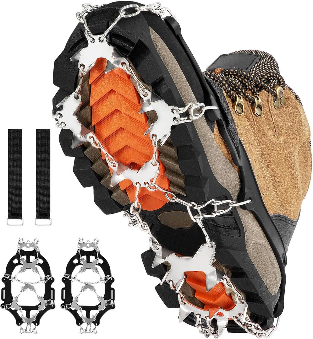 Crampons for Shoes with 28 Stainless Steel Spikes, Anti Slip Crampons for Hiking Boots Women Men, Ice Cleats Traction Snow Grips for Hiking Jogging Fishing Walking Climbing Mountaineering (X-Large, Black)