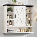 Bathroom Wall Cabinet, Farmhouse Medicine Cabinet with Adjustable Shelves and Barn Doors, Large Wall Mounted Over the Toilet Storage Cabinet for Bathroom, Laundry Room, Kitchen, Rustic White and Black