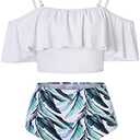 Kaei&Shi High Waisted Flounce Bikini Set,Tummy Control Swimsuits for Women,Off Shoulder, White XXX-Large