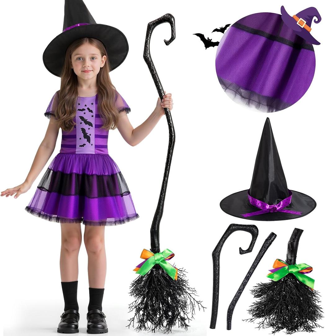 PEADUCK Kids Witch Costume for Girls, Halloween Costumes Dress Up Role Play Set (Purple, S)