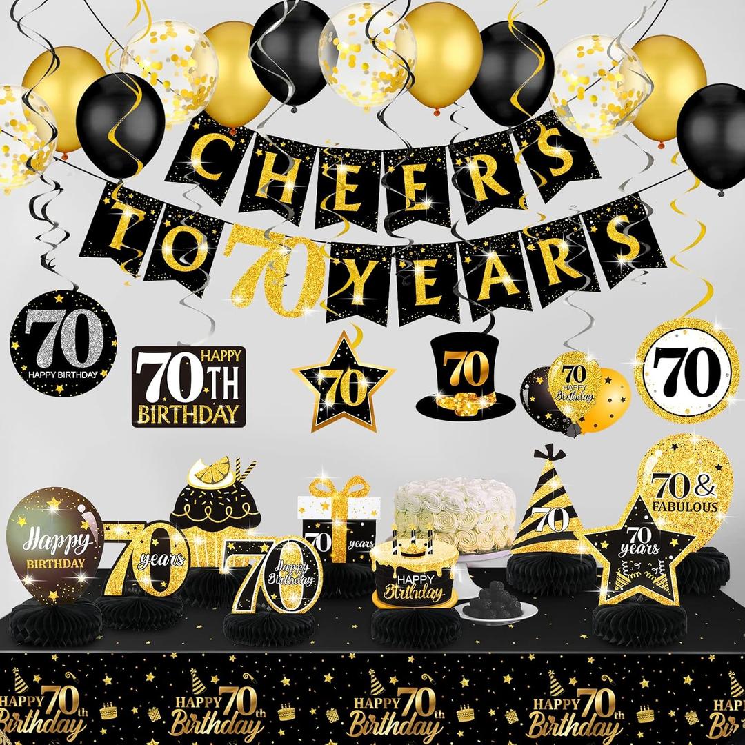 Zonon 70th Birthday Party Table Decorations for Men Women 35 Pcs Cheers to 70 Years Banner Tablecloth Black Gold Balloons Hanging Swirls Honeycomb Centerpieces Happy 70th Birthday Party Supplies