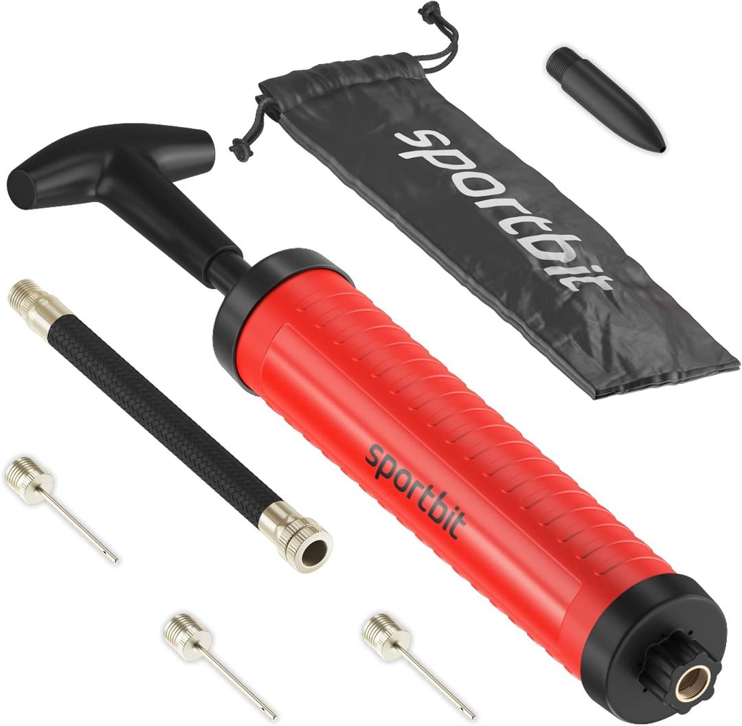 SPORTBIT Ballpump for Sports Balls - Basketball Pump for Sport Balls - Football & Soccer, Basketball, Volleyball Pump, Swim Inflatables - Hand Air Pump with 3 Needles, Nozzle, Extension Hose, Pouch (Red)
