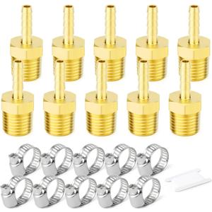 GASHER 10Pcs Brass Hose Barb Fittings, 3/8" Barb x 1/2" MNPT Hose Connector Adapter With 10Pcs Hose Clamp