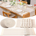 Boho Placemats Set of 6 Handmade Round Woven Placemats Boho Macrame White Table Runner with Tassel Farmhouse Placemat Cotton Burlap for Bohemian Dining Table Bedroom Decor Rustic Bridal Shower