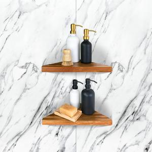 ENKEZI Acacia 2,3 Tiers Corner Shower Shelf, Triangular Corner Shelf Wooden Bathroom Shelf for Tiled Wall, Shower Corner Shelf, No Drilling Requied (3 Pack)