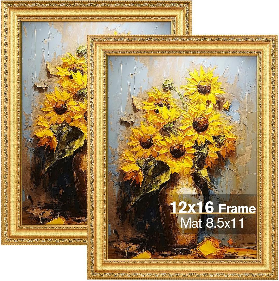 Splinterix 12x16 Gold Picture Frames Set of 2, Ornate Vintage 12 x 16 Photo Frames for Wall Decor or Tabletop Display, 16x12 Gold Frames with Real Glass, Display 8.5x11 Pictures with Mat or 12x16 without Mat for Antique Dco