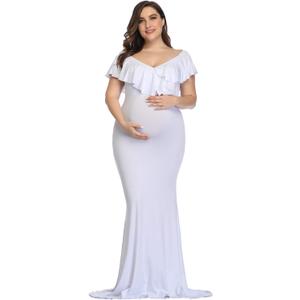 YnimioAOX Maternity Long Dress Ruffles Elegant Maxi Photography Dress Stretchy Slim Gowns for Photoshoot (White), XL YnimioAOX Maternity Long Dress Ruffles Elegant Maxi Photography Dress Stretchy Slim Gowns for Photoshoot (White), XL