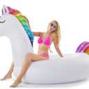 Jasonwell Giant Inflatable Unicorn Pool Float Floatie Ride On with Fast Valves Large Rideable Blow Up Summer Beach Swimming Pool Party Lounge Raft Decorations Toys for Kids Adults
