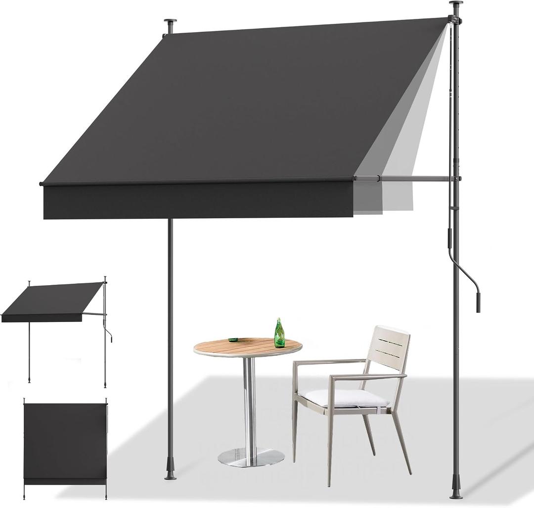 HOMEDEMO Manual Retractable Awning, 59" W x 118" H Retractable Side Bar 47-59", Outdoor Patio Awnings Height Adjustable 82-118", NO Drilling Awings for Backyard Garden Porch Outside Carbon Gray