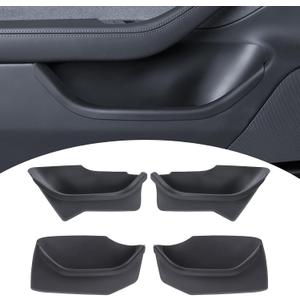 PUOENI New 2025 2026 Model Y Juniper Door Side Organizer (Emergency Button Safety) 4PCS Full-Cover TPE Front and Rear Door Side Storage Box for Refresh Model Y Juniper Interior Accessories