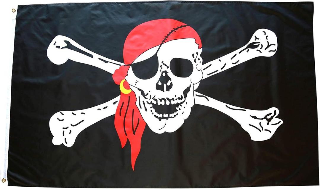 3x5 Pirate Flag Jolly Roger with Red Bandana and with Crossed Bones, Made with 100% Polyester Fabric, Double Stitched Edges, and Two Resilient Brass Grommets, Pirate Flag Skull