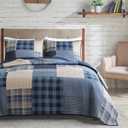 Woolrich Reversible Cotton Quilt Set - Cottage Styling Reversed to Solid Color, All Season Patchwork Lightweight Coverlet, Matching Shams, Winter Hills, Oversized Twin/Twin XL, Blue 2 Piece