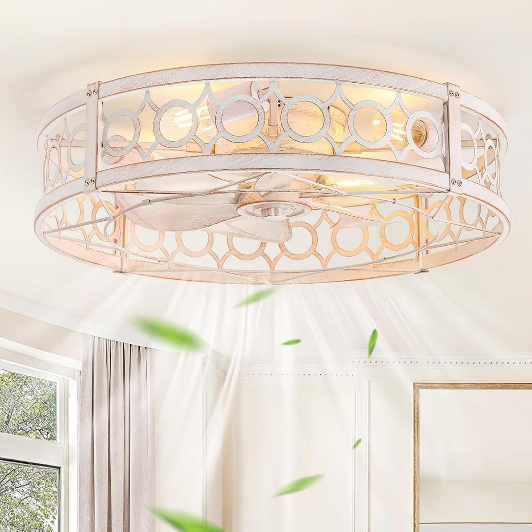 LEDIARY Caged Flush Mount Ceiling Fans with Lights, 23 Inch Farmhouse Low Profile Ceiling Fan with Remote, Small Bladeless Fan Lights Ceiling Fixtures for Bedroom, Kitchen- White and Gold