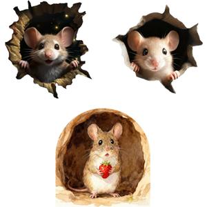 2 x 3D Funny Mouse Hole Realistic Wall Decal Peel and Stick, Sticker with 3D Effect, Funny Wall Stickers for Bedroom, Door Corner or Baseboard Decor (Set of 3)