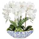 Briful Orchid Artificial Flowers 18in White Fake Orchid Silk Flowers with Blue and White Ceramic Vase Faux Orchid Arrangement for Home Office Room Coffee Table Centerpiece Modern Decor