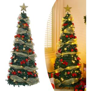 6Ft Prelit Pop Up Christmas Tree with Remote Control Pre-Decorated Collapsible Christmas Tree with Ornamental Star Ribbon Bows Candy Canes 150 LED Warm Light 8 Mode Holiday Party Decor (Green)