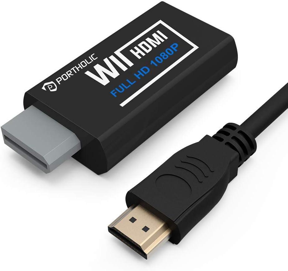 PORTHOLIC Wii to HDMI Converter 1080P for Full HD Device, Wii HDMI Adapter with 3.5mm Audio Jack&HDMI Output Compatible with Wii, Wii U, HDTV, Monitor-Supports Wii Display Modes 720P (Black)