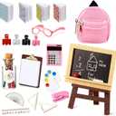 Civaner 18 Piece Mini School Supplies for Dolls, Doll House School Supplies Accessories Includes Backpack Glasses Blackboard Mini Book Palette Paper Clipboard Clamp Ruler Scissors Calculator Set