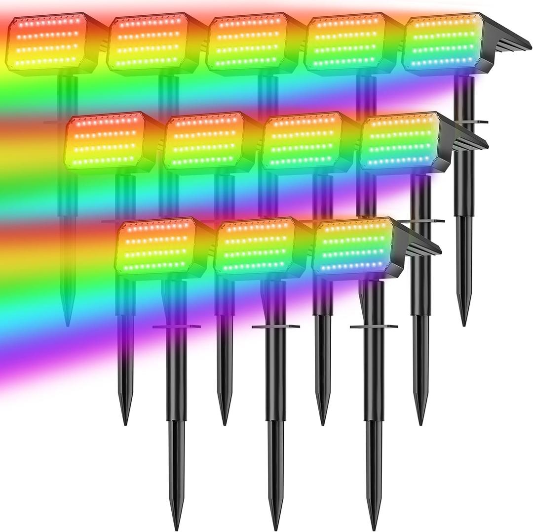 LANSOW 12 Pack Solar Spot Lights Outdoor Color Changing, 7 Modes Waterproof Solar Christmas Landscape Spotlights, LED Solar Powered Flood Lights for Yard Garden Pathway Outside Halloween, Auto ON/Off