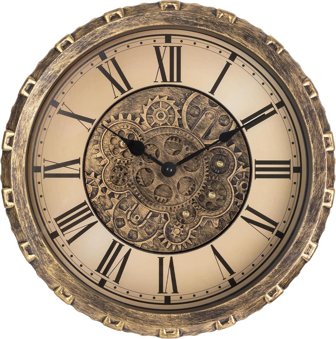 Moving Gears Wall Clock, 15 Inch Modern Gear Rotating Wall Clock Old Style Rustic Unique Vintage Industrial Clock for Living Room Decor Home Farmhouse (Vintage Copper)