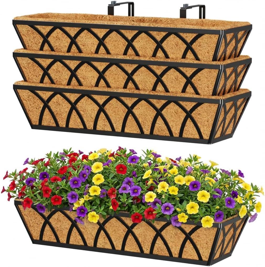 Y&M 24 Inch Railing Planter Boxes 4 Pack, Metal Hanging Balcony Planter, Adjustable Deck Railing Planter for Fence, Window Boxes Outdoor, Heavy Duty Flower Box for Porch Rail, 24" x 20.5" x 7" x 5" x 4.8"