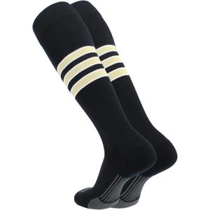 Baseball & Softball Socks | USA Made Dugout Series Striped | Over the Calf | Sizing for Youth Boys, Girls, Men, & Women's (Large, Black/White/Vegas Gold)