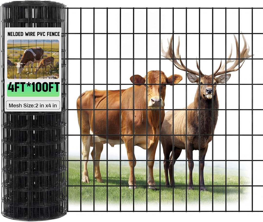 Gisafai 48in x 100ft Welded Wire Fence, 2 Inch x 4 Inch 16 GA, Galvanized Metal Garden Fence Roll Wire Mesh Netting for Goat Deer Cattle Animal Enclosures and Yard Vegetable Plant Protection,Black