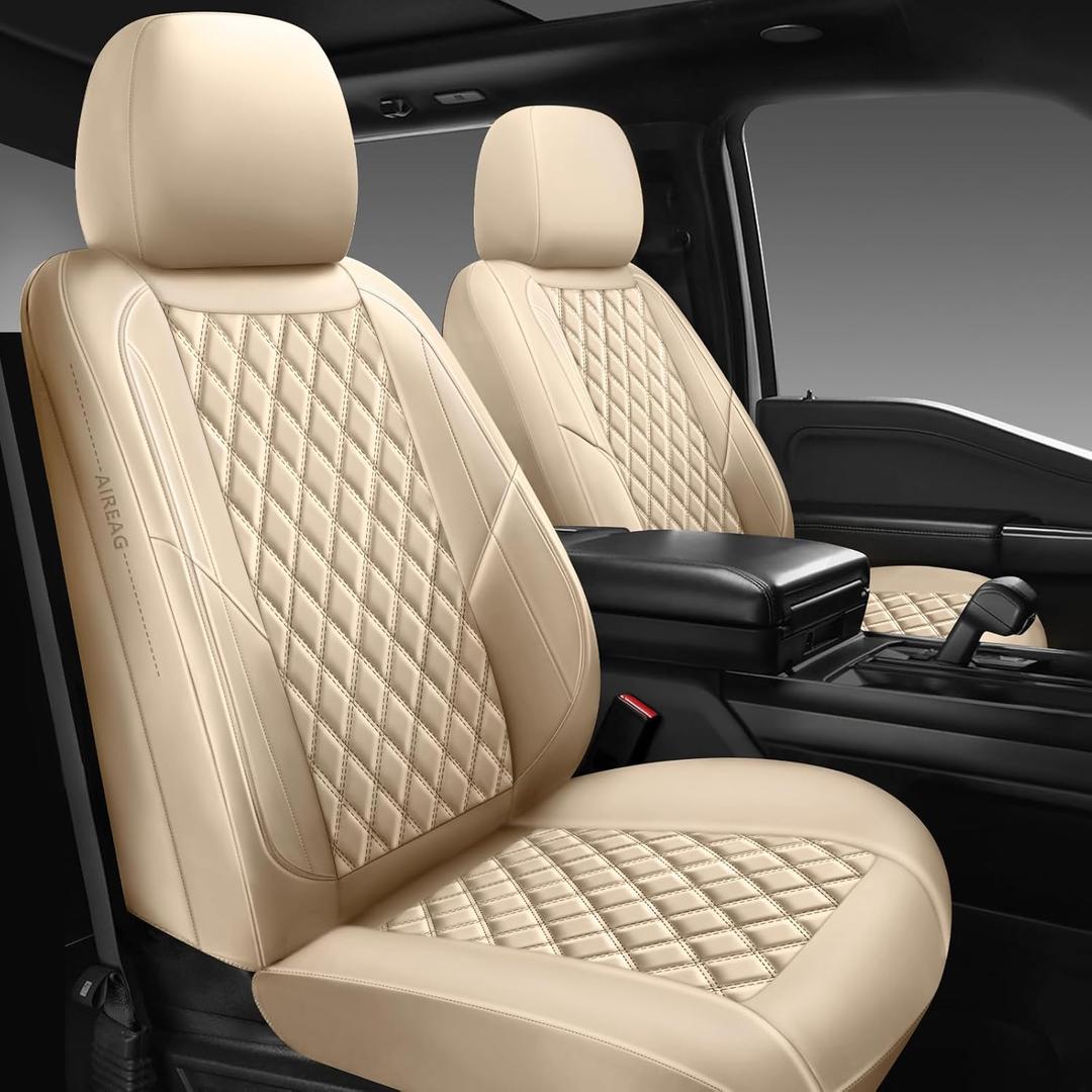 Premium Leather Car Seat Covers Full Set,Universal Fit for Cars,Trucks&SUVs,Waterproof Car Seat Cushion,Full Coverage Car Seat Protector with 5 Seats,Beige (Front and Rear(5 seats))