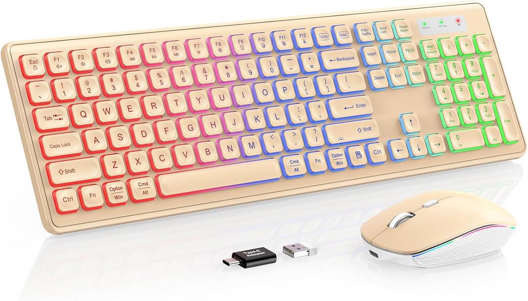 Wireless Keyboard and Mouse Combo, RGB Backlit, Rechargeable & Light Up Letters, Full-Size, Soft Typing, Sleep Mode, 2.4GHz Quiet Keyboard Set for Mac, Windows, Laptop, PC, Trueque (Warm Sand)
